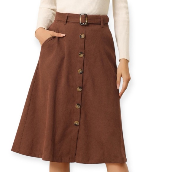 Allegra K High Waist Button Front Belted Corduroy A-Line Midi Skirt - Picture 1 of 4